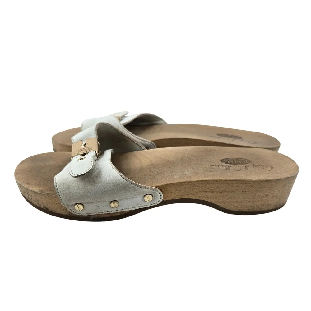 Dr. Scholls Original Collection White Leather Wood Clog Slide Sandals Womens 9M